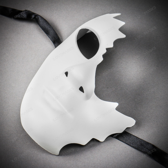 Unpainted Half Face Cracked Phantom Masquerade Mask - White - Picture 3 of 10